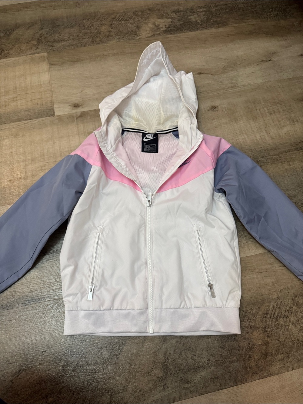Nike White Hooded Windbreaker with Pink Chest and Lavender Sleeves